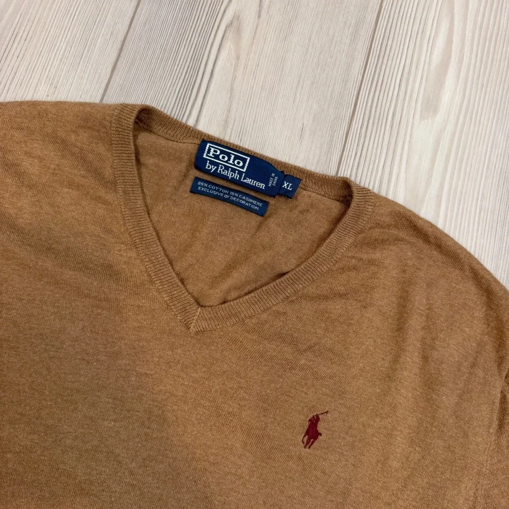 Polo Ralph Lauren Mens XL Brown V-Neck Cotton Cashmere Knit Pony Logo Sweater